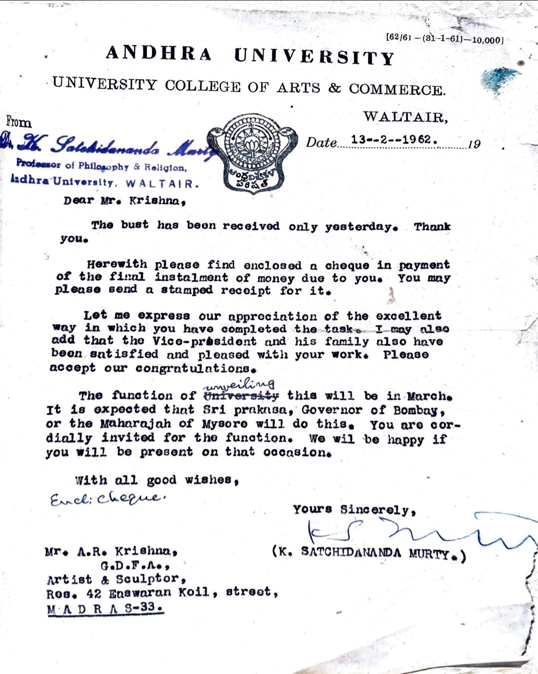 Andhra University letter, 13 February 1962